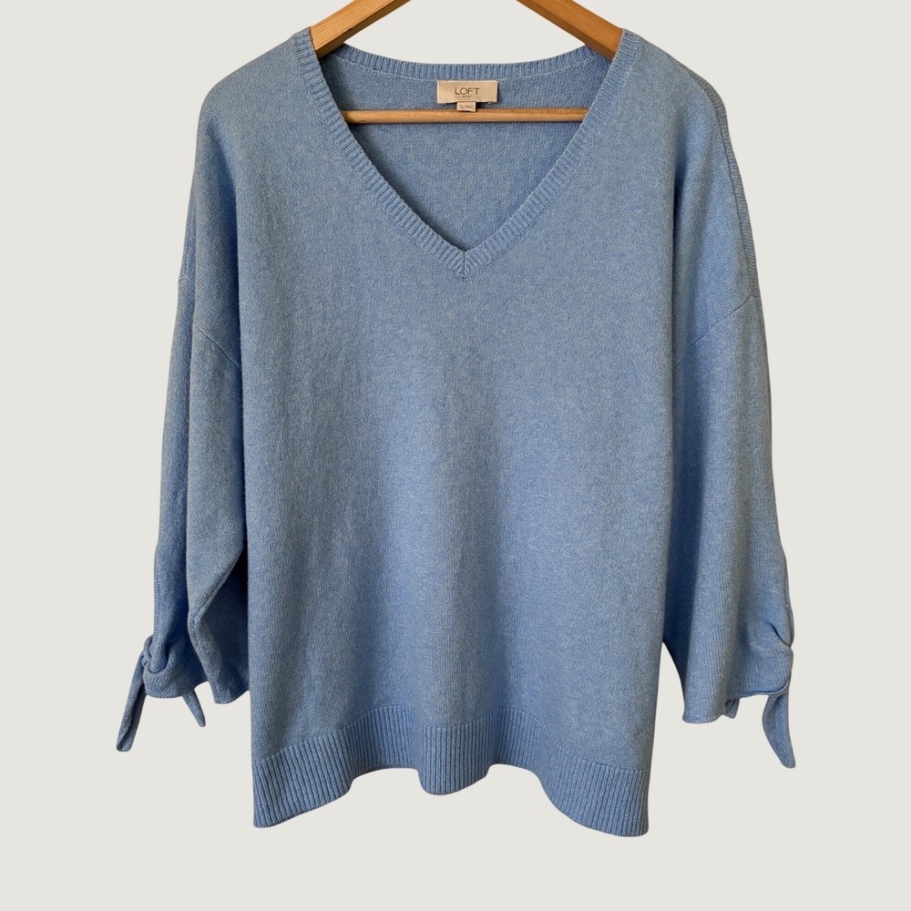 LOFT Blue V-Neck Tie Sleeve Sweater Womens XL Drop Shoulder Knit Minimalist Top
